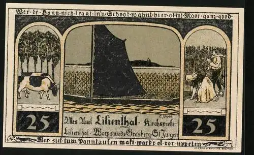 Notgeld Lilienthal / Bremen 1921, 25 Pfennig, Madonna mit Kind und Kloster, Ernteszene und Segelschiff