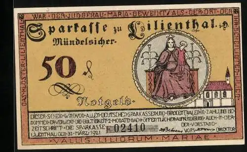 Notgeld Lilienthal / Bremen 1921, 50 Pfennig, Kloster Lilienthal mit Madonna und Kind, Segelschiff und Ernte