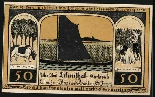 Notgeld Lilienthal / Bremen 1921, 50 Pfennig, Kloster Lilienthal mit Madonna und Kind, Segelschiff und Ernte