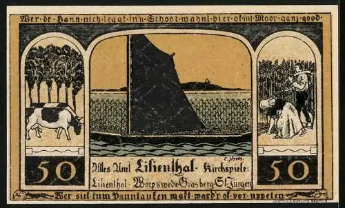 Notgeld Lilienthal / Bremen 1921, 50 Pfennig, Landwirtschat, Fischerei, Kloster Lilienthal