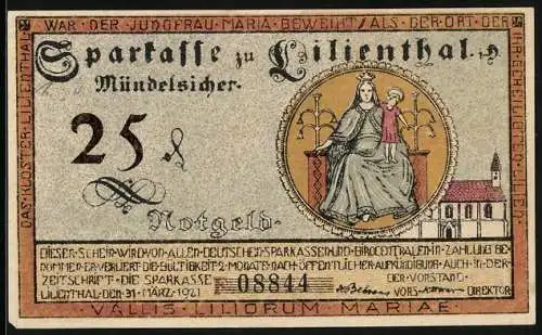 Notgeld Lilienthal / Bremen 1921, 25 Pfennig, Madonna mit Kind, Kloster und Landwirtschaft