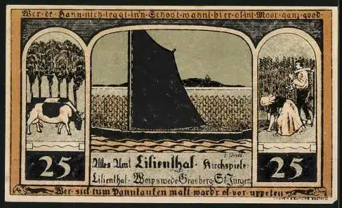 Notgeld Lilienthal / Bremen 1921, 25 Pfennig, Madonna mit Kind, Kloster und Landwirtschaft