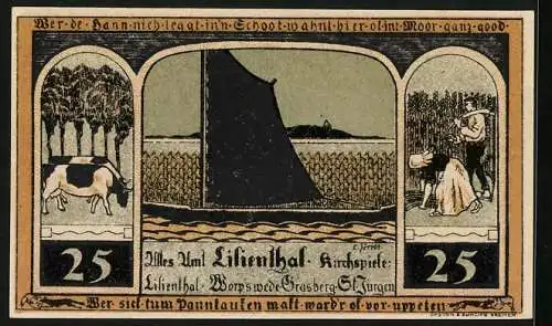 Notgeld Lilienthal / Bremen 1921, 25 Pfennig, Kloster mit Madonna und Kind, Ernte und Segelschiff