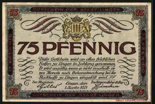 Notgeld Lingen 1921, 75 Pfennig, Kiveling, Civis Lingensis aus dem 14. Jahrhundert