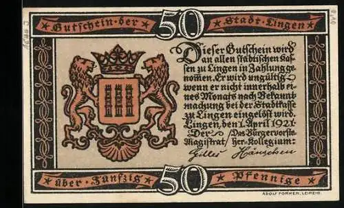 Notgeld Lingen, 50 Pfennig, Belagerung der Stadt Lingen im Jahre 1597