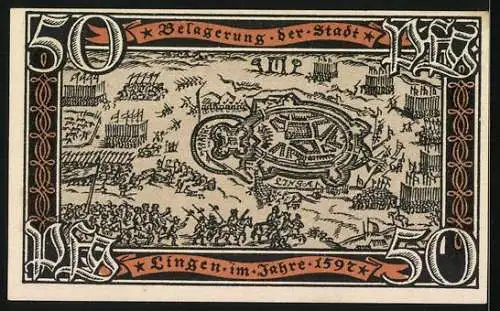 Notgeld Lingen, 50 Pfennig, Belagerung der Stadt Lingen im Jahre 1597