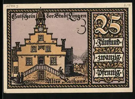 Notgeld Lingen, 25 Pfennig, Altes Rathaus und Wappen