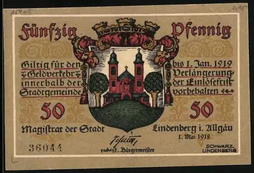 Notgeld Lindenberg i. Allgäu 1918, 50 Pfennig, Wappen und Soldat