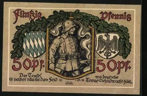 Notgeld Lindenberg i. Allgäu 1918, 50 Pfennig, Wappen und Soldat