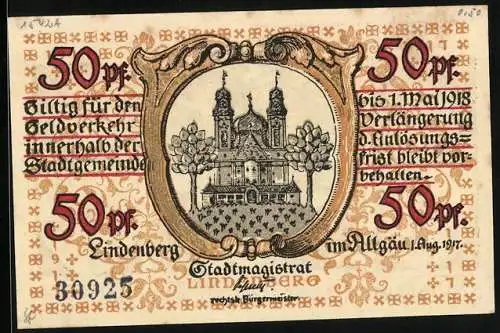 Notgeld Lindenberg i. Allgäu 1917, 50 Pfennig, Wappen mit Schloss, Soldat mit Schwet