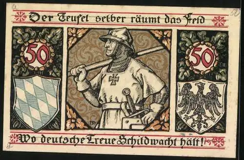 Notgeld Lindenberg i. Allgäu 1917, 50 Pfennig, Wappen mit Schloss, Soldat mit Schwet