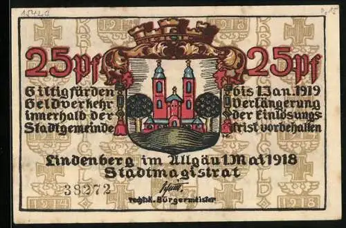 Notgeld Lindenberg im Allgäu 1918, 25 Pfennig, Soldat, Frau bei der Landwirtschaft, Wappen