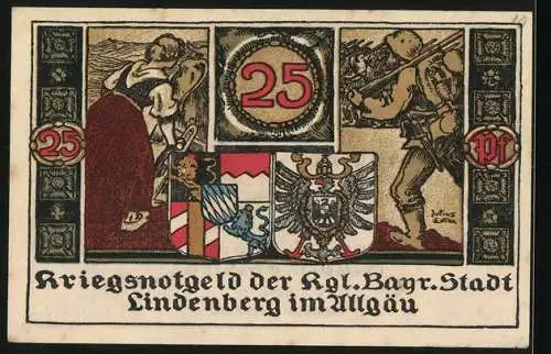 Notgeld Lindenberg im Allgäu 1918, 25 Pfennig, Soldat, Frau bei der Landwirtschaft, Wappen