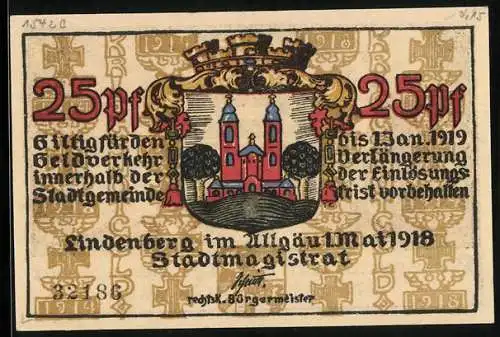 Notgeld Lindenberg im Allgäu 1918, 25 Pfennig, Wappen mit Schloss, Ernte und Soldat mit Armee und