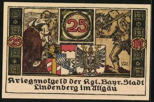Notgeld Lindenberg im Allgäu 1918, 25 Pfennig, Wappen mit Schloss, Ernte und Soldat mit Armee und