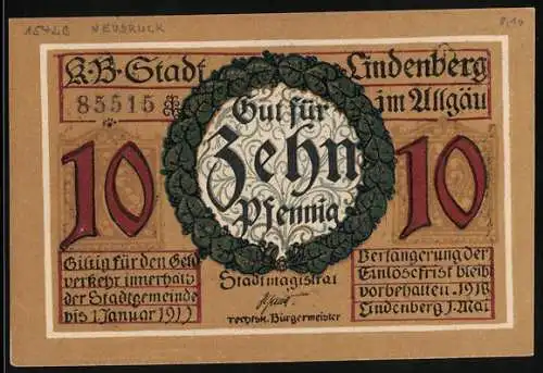 Notgeld Lindenberg im Allgäu 1919, 10 Pfennig, Soldat und Kranz