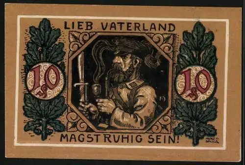 Notgeld Lindenberg im Allgäu 1919, 10 Pfennig, Soldat und Kranz