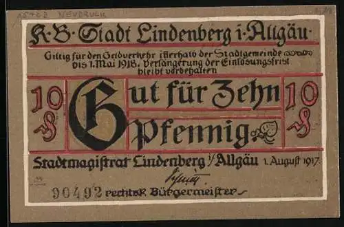 Notgeld Lindenberg i. Allgäu 1917, 10 Pfennig, Ritter mit Kanone