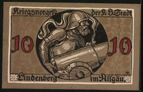 Notgeld Lindenberg i. Allgäu 1917, 10 Pfennig, Ritter mit Kanone