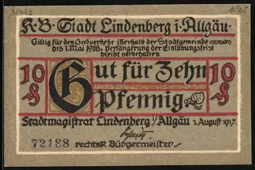 Notgeld Lindenberg i. Allgäu 1917, 10 Pfennig, Ritter zündet Kanone