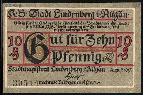 Notgeld Lindenberg / Allgäu 1917, 10 Pfennig, Ritter mit Kanone