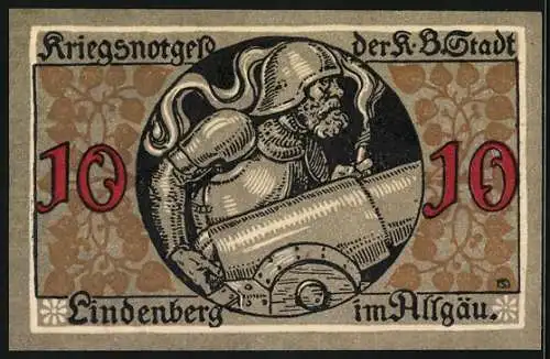 Notgeld Lindenberg / Allgäu 1917, 10 Pfennig, Ritter mit Kanone