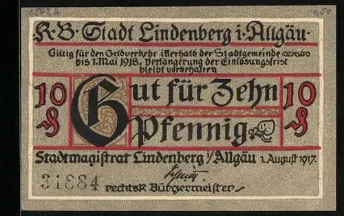 Notgeld Lindenberg / Allgäu 1917, 10 Pfennig, Ritter in Rüstung mit Kanone