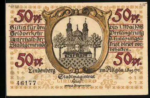 Notgeld Lindenberg im Allgäu 1917, 50 Pfennig, Wappen mit Schloss, Soldat mit Kettenhemd und Schwert
