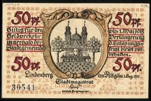Notgeld Lindenberg im Allgäu 1917, 50 Pfennig, Wappen mit Schloss, Soldat mit Kettenhemd