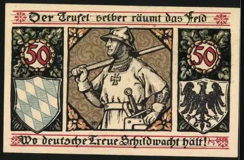 Notgeld Lindenberg im Allgäu 1917, 50 Pfennig, Wappen mit Schloss, Soldat mit Kettenhemd