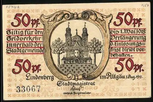 Notgeld Lindenberg im Allgäu 1917, 50 Pfennig, Soldat mit Kettenhemd und Helm, Wappen mit Schloss