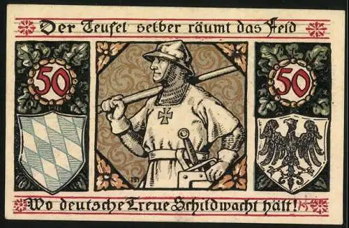 Notgeld Lindenberg im Allgäu 1917, 50 Pfennig, Soldat mit Kettenhemd und Helm, Wappen mit Schloss