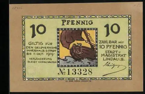 Notgeld Lindau a. B. 1919, 10 Pfennig, Segelschiff und Löwenstatue am See
