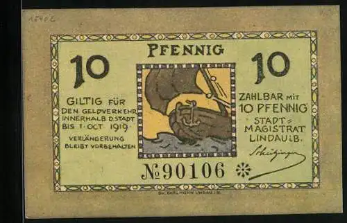 Notgeld Lindau i. B. 1919, 10 Pfennig, Segelndes Schiff und Löwenstatue