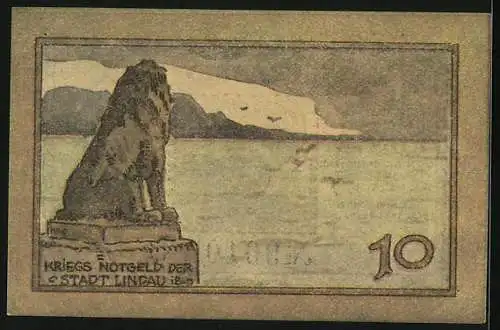 Notgeld Lindau i. B. 1919, 10 Pfennig, Segelndes Schiff und Löwenstatue