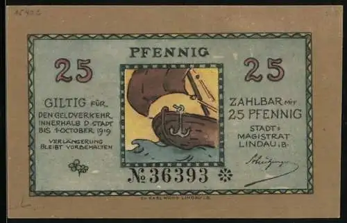Notgeld Lindau i. B. 1919, 25 Pfennig, Segelschiff in Fahrt, Gebäude am See