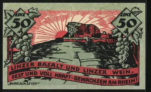 Notgeld Linz a. Rh. 1919, 50 Pfennig, Wappen und Burg zur Leyen