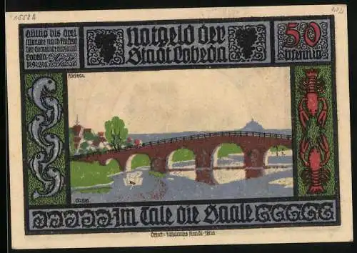 Notgeld Lobeda 1912, 50 Pfennig, Fluss mit Brücke, Burgruine und Wappen