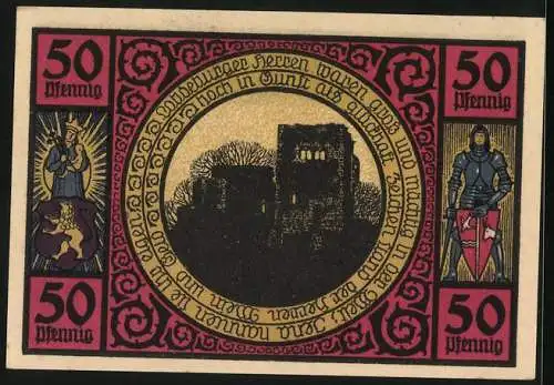 Notgeld Lobeda 1912, 50 Pfennig, Fluss mit Brücke, Burgruine und Wappen