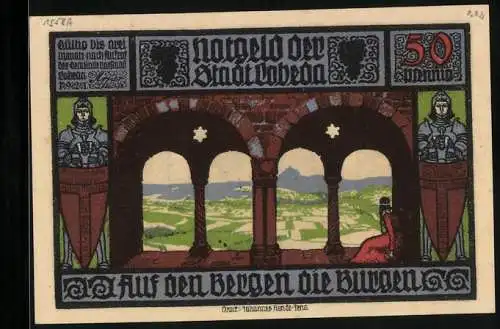 Notgeld Lobeda 1921, 50 Pfennig, Frau auf Burgmauer und Burgruine