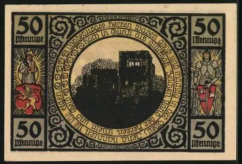 Notgeld Lobeda 1921, 50 Pfennig, Frau im Burggang, Burgruine