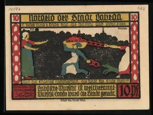 Notgeld Lobeda 1921, 10 Pfennig, Frau mit Wurstkorb, Burgruine