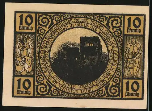 Notgeld Lobeda 1921, 10 Pfennig, Frau mit Wurstkorb, Burgruine