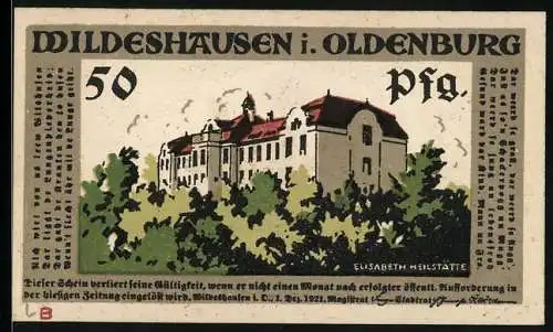 Notgeld Wildeshausen i. Oldenburg 1921, 50 Pfennig, Elisabeth Heilstätte, Soldaten in Uniform