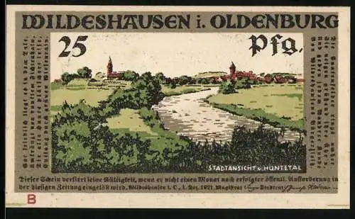 Notgeld Wildeshausen i. Oldenburg 1921, 25 Pfennig, Stadtansicht v. Huntetal, Soldaten bei der Parade
