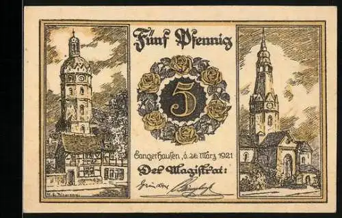 Notgeld Sangerhausen 1921, 5 Pfennig, Kirche, Rathaus