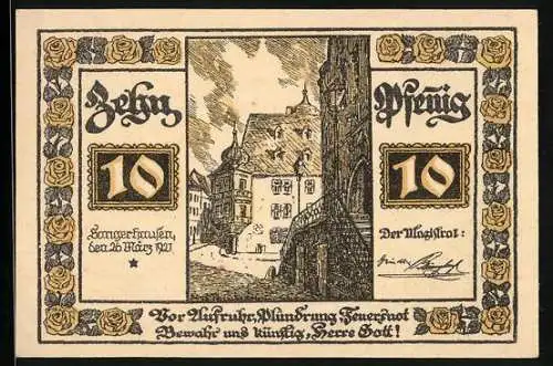 Notgeld Sangerhausen 1921, 10 Pfennig, Strassenpartie, Stadtwappen