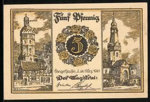 Notgeld Sangerhausen 1921, 5 Pfennig, Rathaus und Kirche