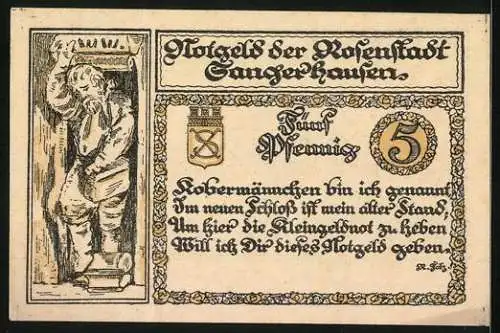 Notgeld Sangerhausen 1921, 5 Pfennig, Rathaus und Kirche