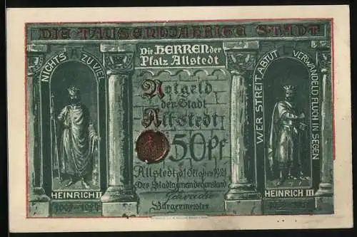 Notgeld Allstedt 1921, 50 Pfennig, Heinrich II. und Heinrich III., Burg